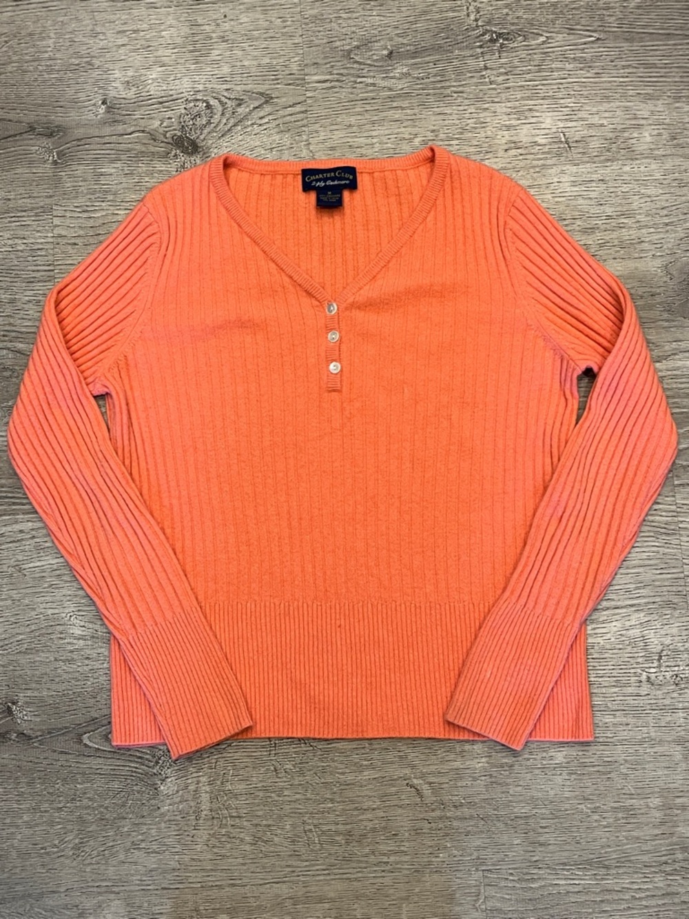 Charter Club Coral V-Neck Ribbed Henley Sweater 100% Cashmere Size M